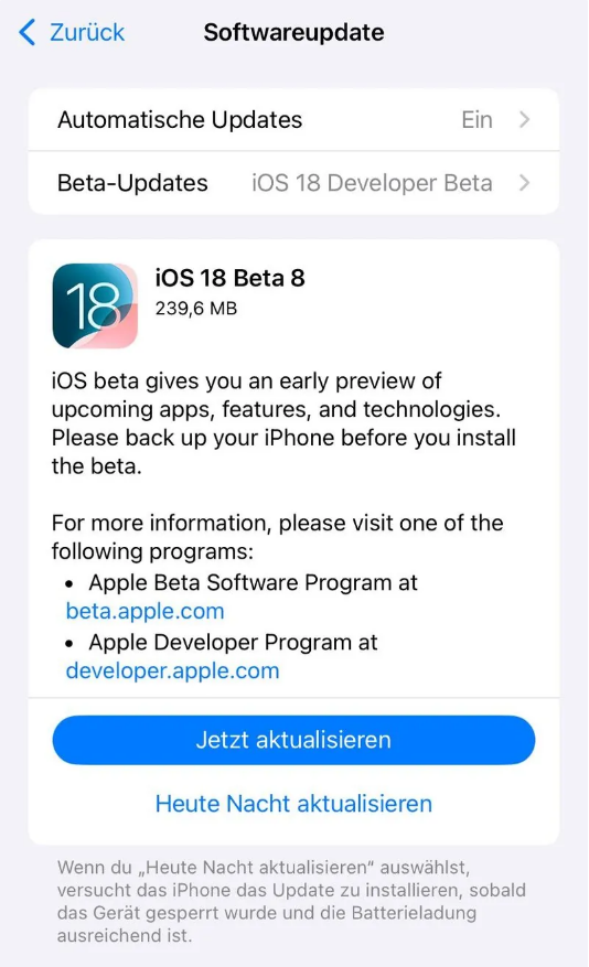 奉节苹果手机维修分享苹果 iOS / iPadOS 18 开发者预览版 Beta 8 发布 